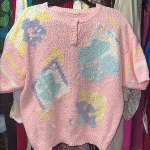 Vintage 80s Pink Abstract Floral Patterned Women's Sweater